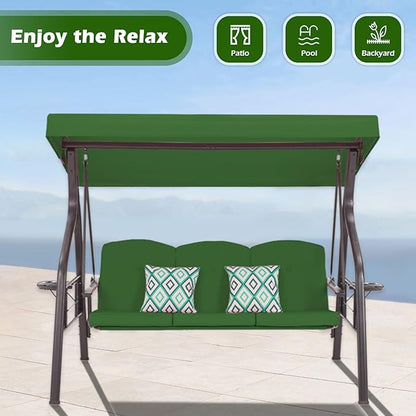 3-Seat Outdoor Porch Swing with Stand Patio Swing with Canopy 2 in 1 Porch Swing Bed & Patio Swing Chair for Adult w/Extra Pillows and Cup Holder for Yard(Green)