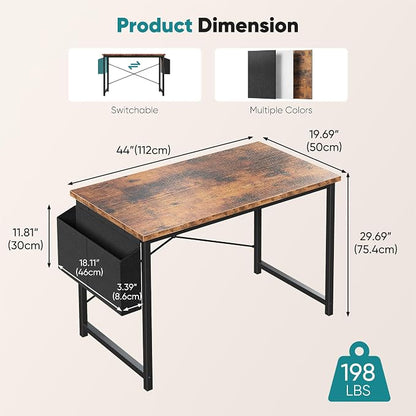 OLIXIS Computer Desk, 44 Inch Gaming Desks for Home Office Small Spaces | Writing Study Craft Work Table, Computer Workstation for Bedroom with Storage Bag, Rustic Brown