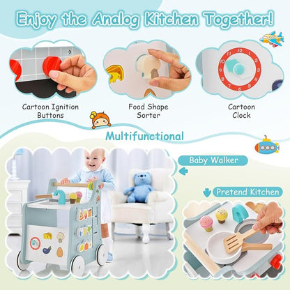 HONEY JOY Baby Push Walker, 6-in-1 Wooden Play Kitchen Walker Activity Center w/Shape Sorter & Blackboard, Develop Motor Skills, Push Toys for Babies Learning to Walk, Gift for Boys and Girls (Blue)
