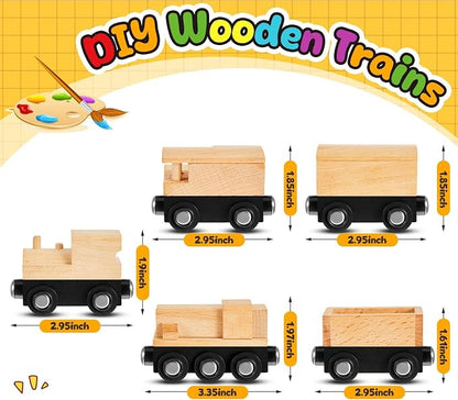 Halloscume 30 Pcs Unfinished Magnetic Wooden Train Cars 5 Styles DIY Unpainted Wood Trains for Paint Crafts Project & Summer Camp, Birthday Party Favors Decorations (Retro)