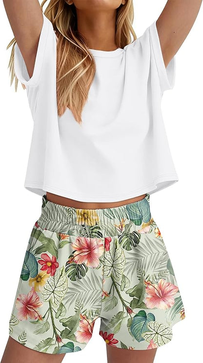 WIHOLL Two Piece Sets for Women Summer Lounge Short Sets Cap Sleeve Crew Neck Sweatsuit with Pocket XS-2XL