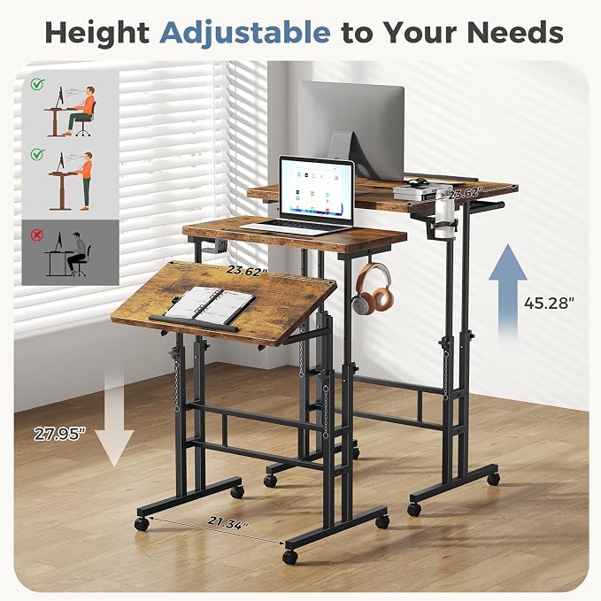DUMOS Rolling Standing Desk, Sit Stand Desk, Computer Cart | 23.6 Inch Width, Height Adjustable, Split Top, Mobile Laptop Workstation, Office Table, Portable Design, Rustic Brown