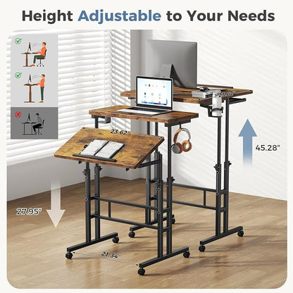 DUMOS Rolling Standing Desk, Sit Stand Desk, Computer Cart | 23.6 Inch Width, Height Adjustable, Split Top, Mobile Laptop Workstation, Office Table, Portable Design, Rustic Brown