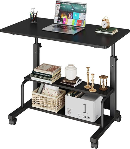 DUMOS Rolling Desk, Storage Shelves, Laptop Table, Home Office | Height Adjustable Design, Computer Desks on Wheels, Portable for Small Spaces Use, Black