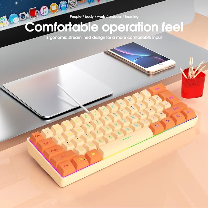 Snpurdiri 60% Wired Gaming Keyboard, RGB Backlit Ultra-Compact Mini Keyboard, Waterproof Mini Compact 61 Keys Keyboard for PC/Mac Gamer, Typist, Travel (Orange and Cream) | Backlit Ultra-Compact Mini Gaming Keyboard for PC/Mac Gamer, Typist, Travel