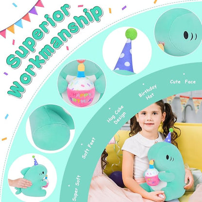 Auspicious beginning Birthday Gift Shark Plush Stuffed Animal, 11.8'' Kawaii Soft Birthday Shark Plush Toys with Holding Cute Birthday Cake Gift for Girls Boys, Children's Day, Anniversary, Green