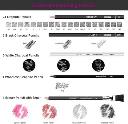 HIFORNY 100 PCS Drawing Set Sketching Kit,Sketch Pencils Art Supplies with Graphite,Charcoal,Blending Tools & Accessories,Portable Zippered Travel Case for Artists & Beginners