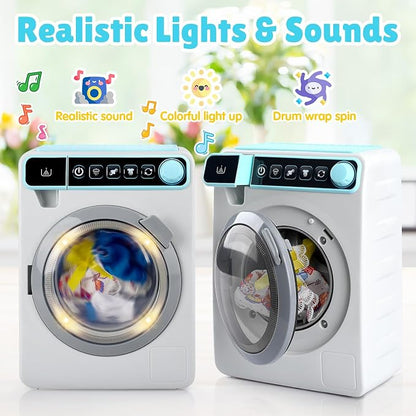 Kids Toy Washing Machine, Realistic Pretend Play Appliance for Girls, Interactive Toy Dollhouse Furniture, Play Washer and Dryer Playset with Spinning Drum