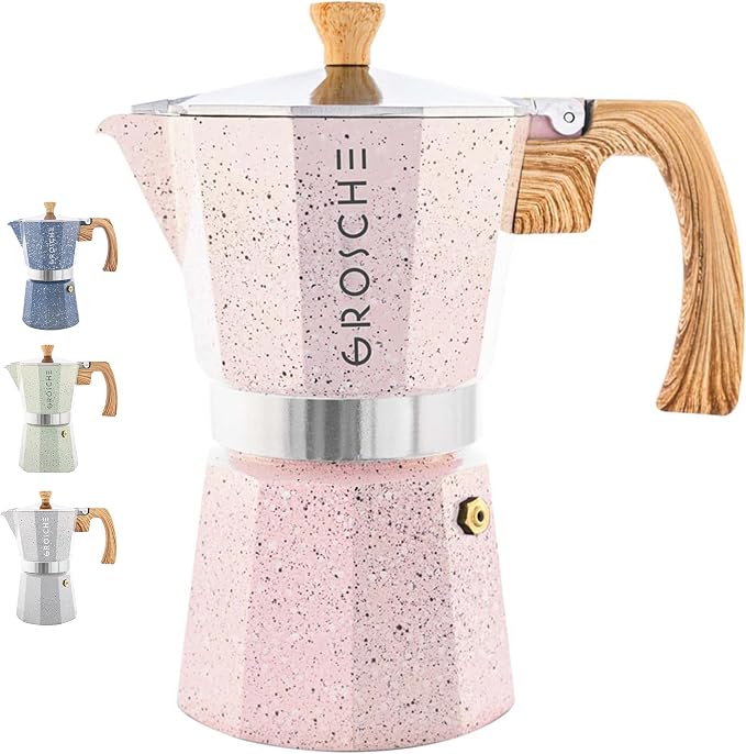 GROSCHE Milano Stovetop Espresso Maker Moka Pot 9 espresso Cup 15.2 oz Pink | Cuban Coffee Maker And Italian Moka Pot For Stovetop Espresso; For Gas, Electric, And Propane Stoves With A Soft-Touch Handle