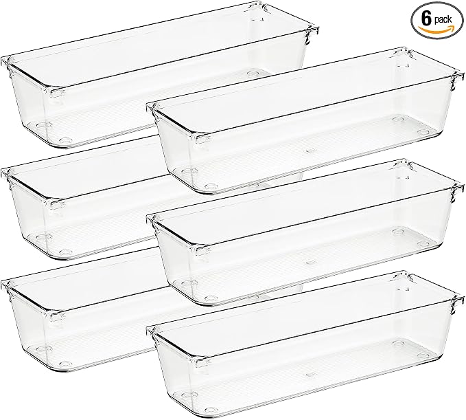 Ravinte 6 Pack Drawer Organizer, 3" x 9" Plastic Storage Bins | Acrylic Tray Design, Non-Slip Pads, For Makeup, Jewelry, Kitchen Utensils, Bathroom, Office Storage