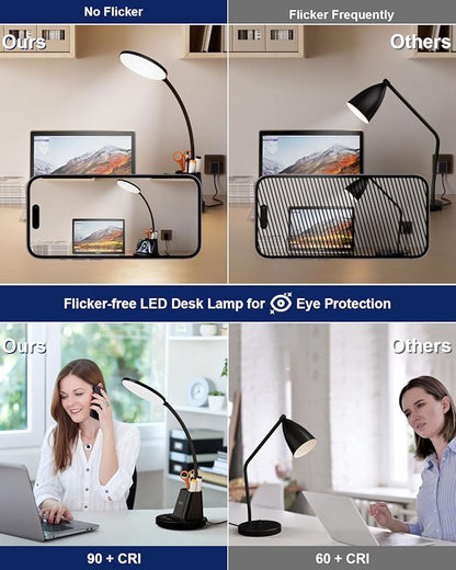 hansang LED Desk Lamp for Home Office with Wireless Charger, 3 Color Modes, Stepless Dimmable, Touch Control Black Study Lamp with Pen Holder for College Dorm Room, CRI 90, 800 Lumen, Adapter Included