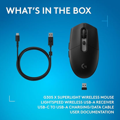 Logitech G305 X Superlight Wireless Gaming Mouse - Black | 59g Lightweight, 44K DPI, 678 IPS, Wireless 2.4 GHz/Bluetooth/USB-C, <170 hr Battery, 6 buttons, RGB, PC/Mac Compatible