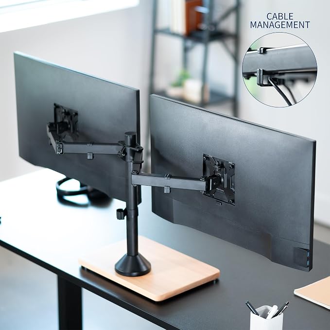 VIVO Dual Monitor Desk Stand for 13 to 32 inch Screens, STAND-V002FD-B | Articulating, Freestanding Adjustable Monitor Arm, Black with Wood Base, Computer Stand for 2 Monitors, Holds 22 lbs Each