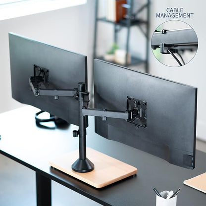 VIVO Dual Monitor Desk Stand for 13 to 32 inch Screens, STAND-V002FD-B | Articulating, Freestanding Adjustable Monitor Arm, Black with Wood Base, Computer Stand for 2 Monitors, Holds 22 lbs Each