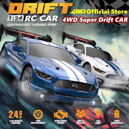 1:24 Scale RC Drift Car 4WD 2.4GHz 30KM/H High Speed Racing Sport Toy Car with LED Lights Racing and Drift Wheels Suitable for Beginners (8609-Blue)