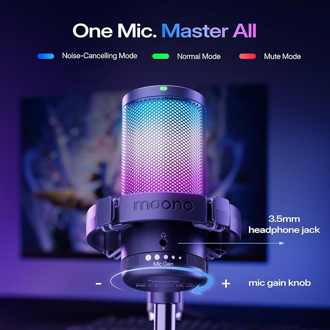 MAONO DGM20S Gaming Microphone for PC with Clear Voice & Noise Reduction | RGB Lighting, Tap-to-mute, Gain Control, Headphone Monitoring and Boom Arm for Discord Gaming, Streaming, Content Creation