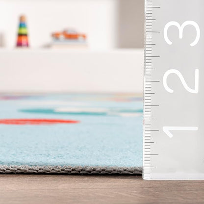 nuLOOM Eddie Outer Space Machine Washable Kids Ultra Thin Area Rug, 7' x 9', Light Blue Multi