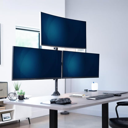 VIVO Premium Triple Ultra Wide LCD LED 27 to 38 inch Monitor Desk Mount, Heavy Duty C-clamp, Extra Tall Pole, Adjustable Telescoping Arms, Flush Wall Setup, Fits 3 Screens, Black, STAND-TS3CT