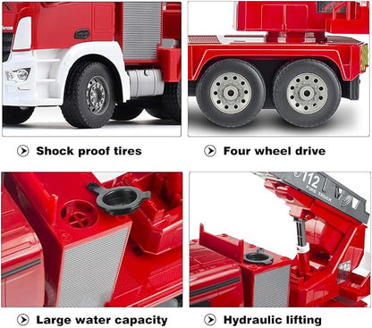 Benz Licensed Remote Control Fire Truck, RC Fire Truck Toy, Rechargeable Construction Truck Toys with Alarm Lights, Hose, Working Water Pump and Rotating Rescue Ladder Fire Truck Toys Gift for Kids