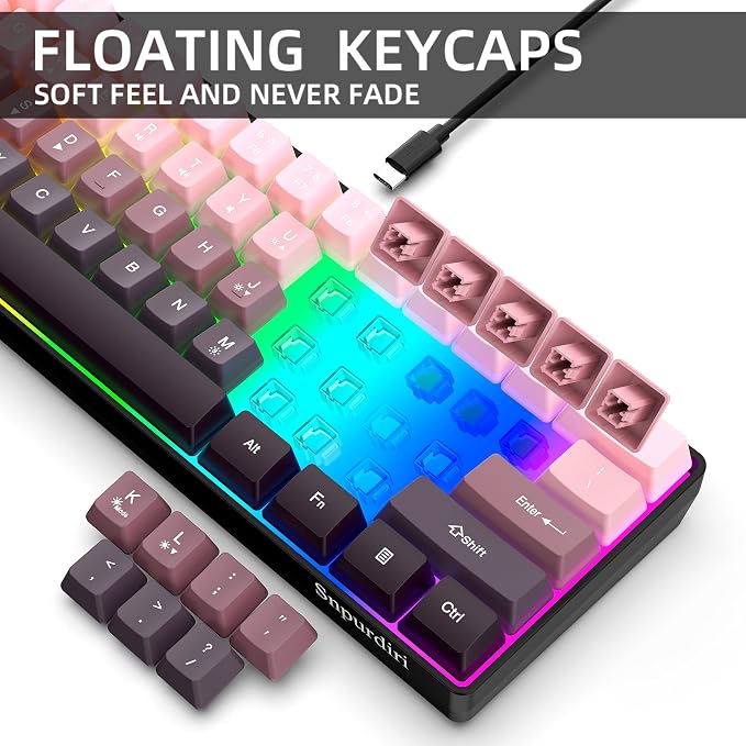 Snpurdiri 60% Wired Gaming Keyboard, Pink-Black | 61 Keys, RGB Backlit Ultra-Compact Small Gaming Keyboard for PC/Mac Gamer, Typist, Travel, Easy to Carry on Business Trip
