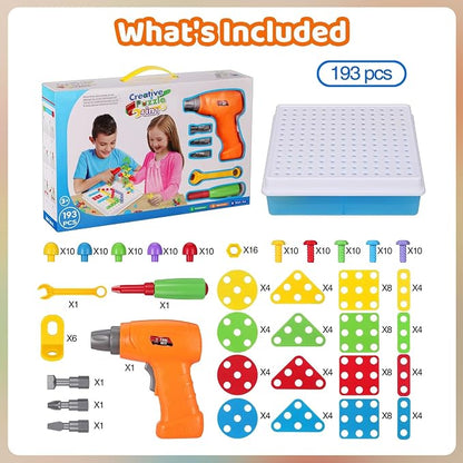 STEM Drill & Build Kit for Kids Ages 3-8 | Electric Toy Drill with 193+ Pieces (Screws, Nuts, Rainbow Fasteners) | Creative Design Construction Toys for Boys Girls | Gift for Birthdays, Christmas