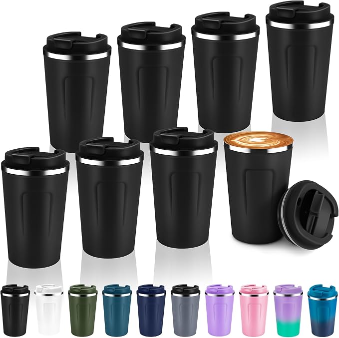 Volhoply 12 oz Double Wall Insulated Vacuum Travel Coffee Mug with Flip Lid Bulk 8 Pack,Reusable Stainless Steel Leak Proof Coffee Cup,Portable Cafe Thermal Tumblers for Hot & Cold Drinks(Black,8 Set)
