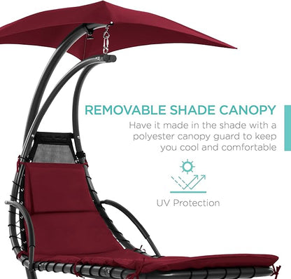 Best Choice Products Outdoor Hanging Curved Steel Chaise Lounge Chair Swing w/Built-in Pillow and Removable Canopy - Burgundy