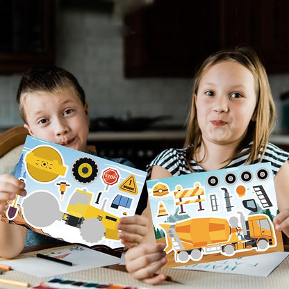 24 Sheets Make Your Own Construction Vehicle Stickers for Kids Boys, Make-a-Face Engineering Vehicles Fire Trucks Excavator for Construction Themed Party Favors