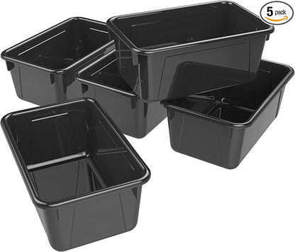 Storex Small Cubby Bins – Plastic Storage Containers for Classroom, 12.2 x 7.8 x 5.1 inches, Black, 5-Pack (62466A05C)