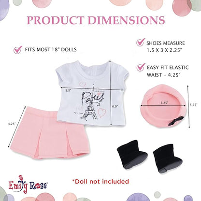 Emily Rose 18" Doll Paris Fashion Bundle - 7-Piece Chic Travel Outfit Set with Coat, Beret Hats, Graphic Tee & Ankle Boots - Gift Boxed French Style Clothes Compatible with American Girl Dolls
