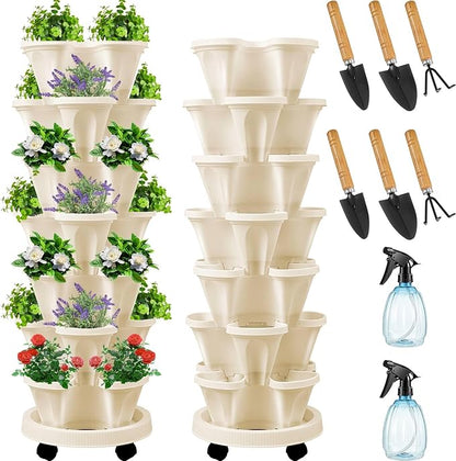 Umigy 2 Set of 7 Tier Vertical Planter Stackable Tower Planters Strawberry Herb Flower and Vegetable Pots Indoor Outdoor Gardening Pots with Removable Wheels and Tools(Beige)