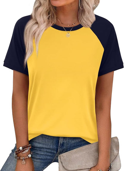 WIHOLL Womens Summer Tops Color Block Short Sleeve Raglan Shirts Spring Fashion Clothes Vacation Outfits