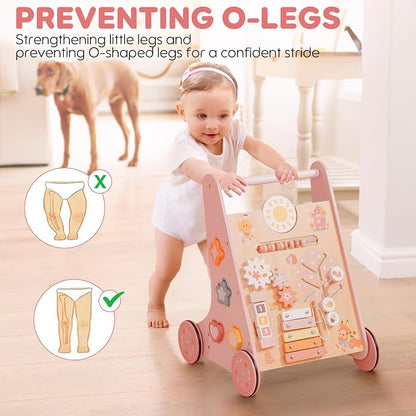 ROBUD Wooden Baby Walker, Baby Push Walker with Activity Center and Storage, Montessori Walker Toy for Boys and Girls Learning to Stand and Walk, Pink