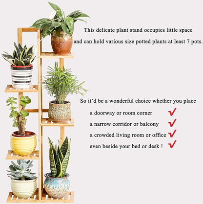 Bamboo 5 Tier 6 Potted Plant Stand Rack Multiple Flower Pot Holder Shelf Indoor Outdoor Planter Display Shelving Unit for Patio Garden Corner Balcony Living Room