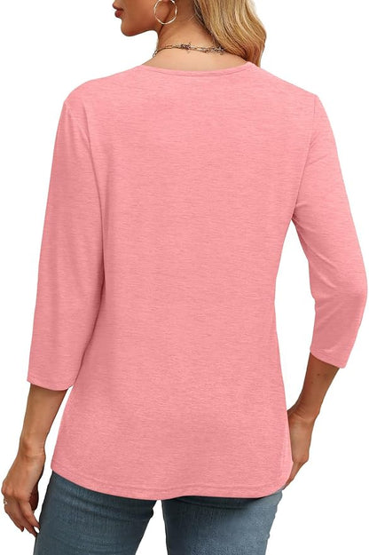 WIHOLL Womens Tops 3/4 Length Sleeve V Neck Casual Tunic Tops Basic Shirts Loose Fit Blouse