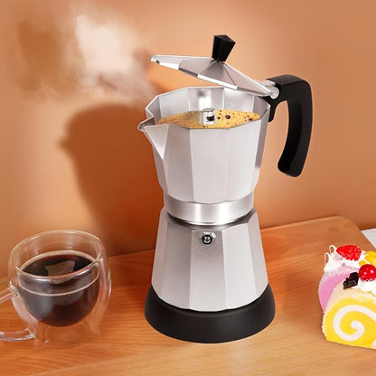 Electric Moka Pot, 3 or 6 Cup Espresso Coffee Maker, Silver | Food-grade aluminum, dose reduction plate, boil-dry protection, auto-stop, detachable base, for Cuban and Italian coffee