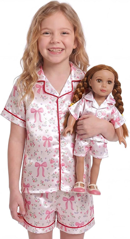 FIOBEE Girls Satin Pajamas Doll Matching Clothes, Stain Button Down Pjs Set Fits 18 Inch Dolls Soft Silky Toddler Kids Sleepwear White Floral