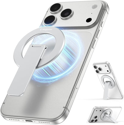 Magnetic Phone Stand Grip, 3-in-1 for MagSafe Phone Holder & Kickstand, Durable Silver Aluminum Grip, Ultra-Slim 2mm, 360° Rotation, Detachable for MagSafe Charging, Works with iPhone 17–12