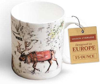 Maison d' Hermine Coffee Mug with Handles Tea Cups (15 Ounce, Pack of 1) | Fine Bone China Coffee Mugs for Hot Beverages Cappuccino Latte Home Hotel Spring Summer -Christmas Tradition - Reindeer