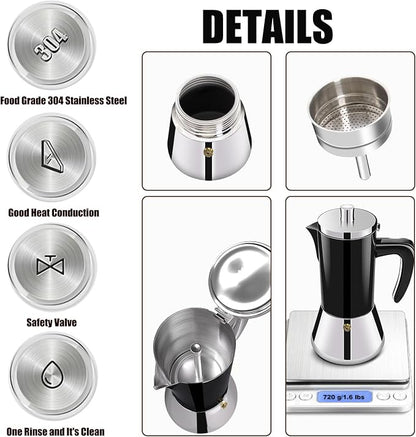 6 Cup Thickened 304 Stainless Steel Moka Pot Stovetop Espresso Maker Cafeteras Italian Percolator Espress Makers Capable Greca Mocha Coffee Machine for Induction Home and Camping 300ml 10oz