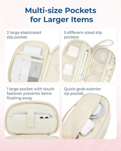 BAGSMART Travel Cord Organizer Electronics Case, Double Layers Puffer Cable Organizer Bag Travel Essentials for Women, Tech Organizer Case for Charger, Phone, Flash Drive - Beige