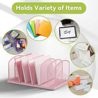 Desk File Organizer Vertical 7 Sections Mesh File Sorter Paper Storage Organizer for Desk, Office Organization File Holder Rack,Pink