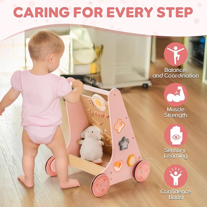 ROBUD Wooden Baby Walker, Baby Push Walker with Activity Center and Storage, Montessori Walker Toy for Boys and Girls Learning to Stand and Walk, Pink