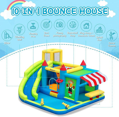 FBSPORT Inflatable Bounce House Water Slide, Bounce House for Kids with Toy Market Stand Splash Pool Bouncer Climbing Wall Water Gun Ball Dart, Bouncy Castle W/620W Blower for Outdoor Indoor, Green