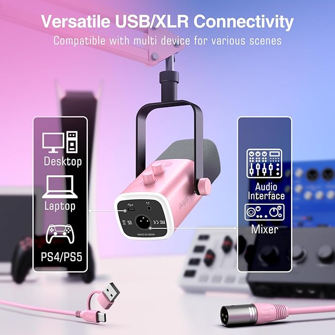 FIFINE AmpliGame AM8TP XLR Gaming Microphone USB PC Dynamic Mic Kit | Streaming RGB Mic with Headphone Jack, Mute Button, Boom Arm Stand for Computer/Mixer, for Vocal, Recording, Podcast, Pink