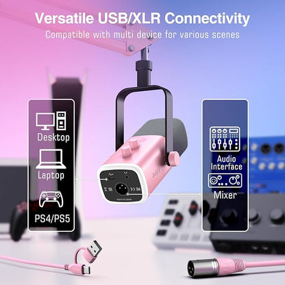 FIFINE AmpliGame AM8TP XLR Gaming Microphone USB PC Dynamic Mic Kit | Streaming RGB Mic with Headphone Jack, Mute Button, Boom Arm Stand for Computer/Mixer, for Vocal, Recording, Podcast, Pink
