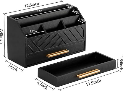 dreampossible Black Wood Desk Organizer and Accessories with Drawer, Bill Mail Organizer and File Mail Holder for Office Supplies, Modern Desk Accessories & Workspace Organizers for Desk Organization