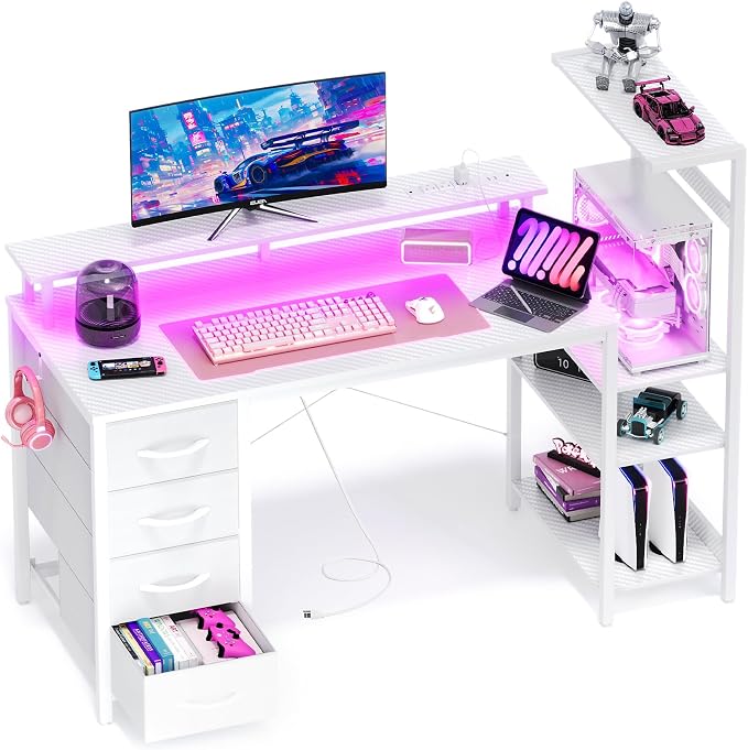 51 Inch Gaming Desk with Drawers & PC Tower Stand & LED Lights, White | Reversible, Monitor Shelf, Power Outlets, Carbon Fiber, Mesa Gamer, Computer Desk with Storage, Gaming Table for Home Office