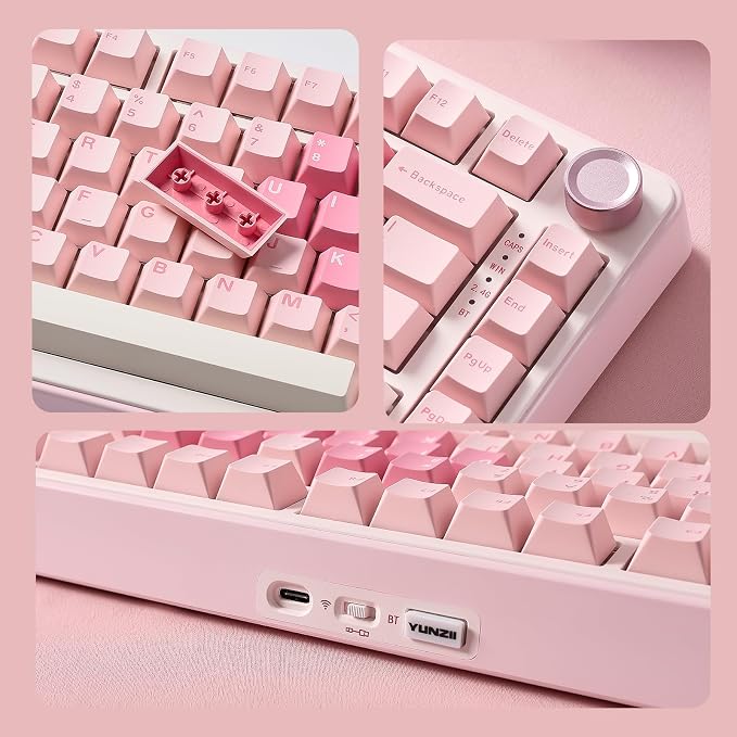 YUNZII B75 PRO 75% Wireless Mechanical Keyboard (Pink,MilkV2) | Hot Swap Keyboard with Knob, Gasket Mount, Creamy Pre-lubed Switch for Smooth Typing, BT/USB-C/2.4G, for Gaming