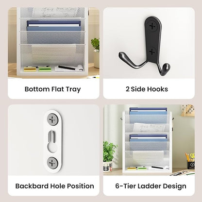 Mail Organizer Wall Mounted, 6-Slot Hanging File Organizer with Key Holder | Mail Sorter, Wood Letter Holder for Envelopes Bills Magazine Folders Papers Accessories for Home Office, White